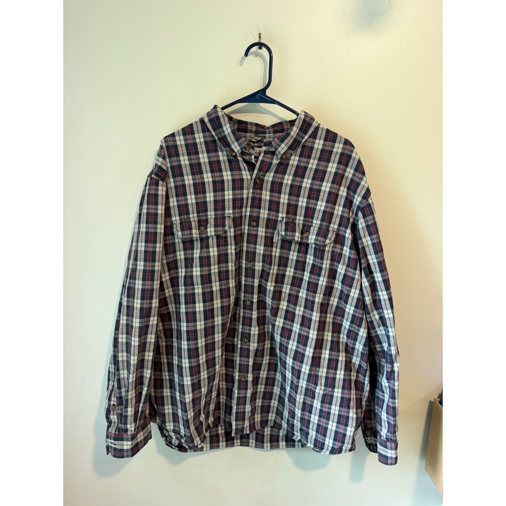 Carhartt Mens 2XL Relaxed Fit Plaid Button Down Shirt Navy Red‎ 100139 Cotton